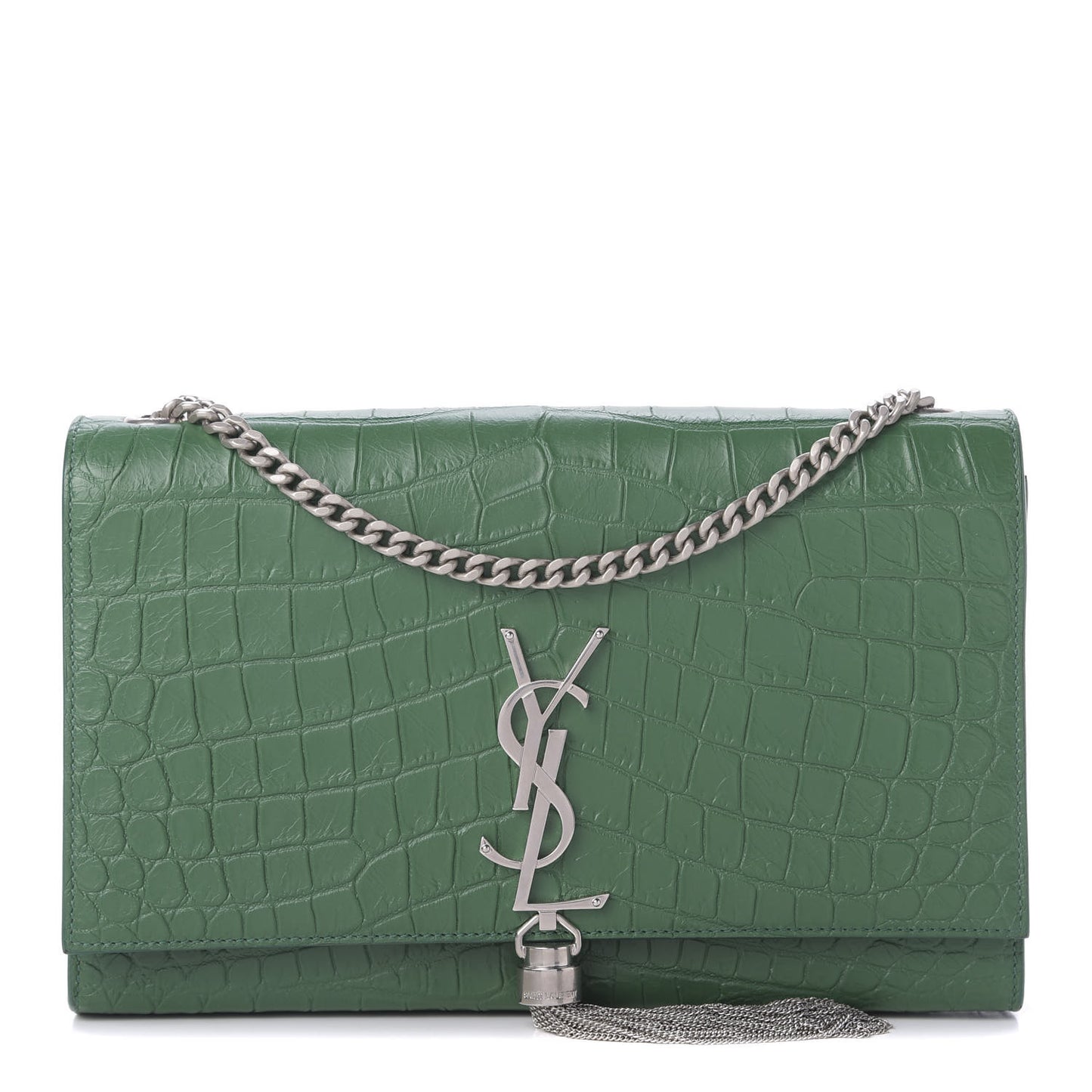 Calfskin Crocodile Embossed Medium Classic Monogram Kate Tassel Satchel Green