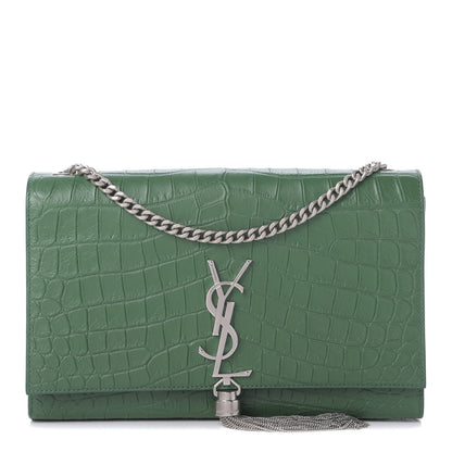 Saint Laurent Calfskin Crocodile Embossed Medium Classic Monogram Kate Tassel Satchel Green 1 of 8