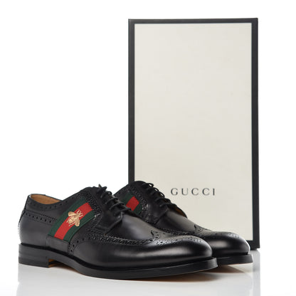 Gucci Calfskin Web Bee Embroidered Mens Wingtip Derby Loafers 10 Black 14 of 14