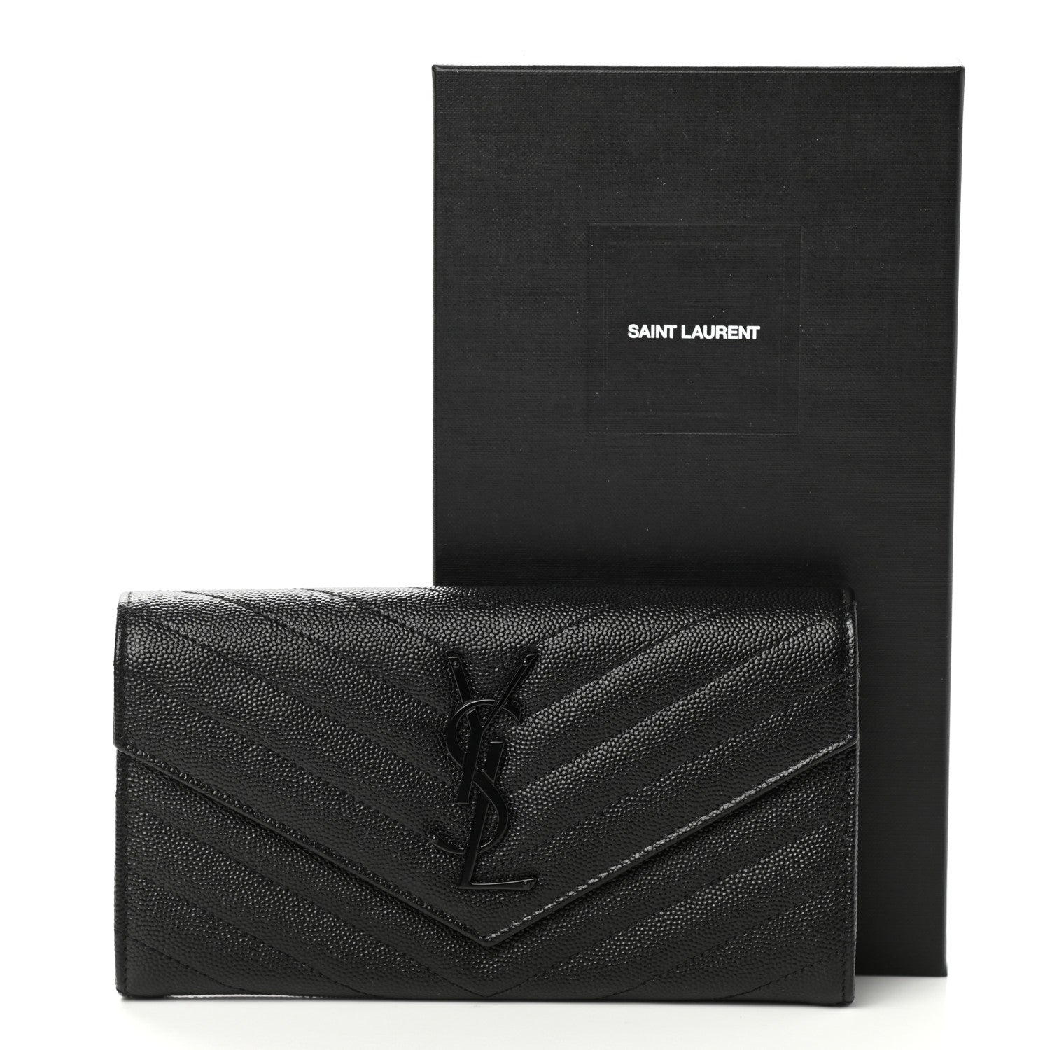 Saint Laurent Grain De Poudre Matelasse Chevron Monogram Flap Wallet Black 8 of 8