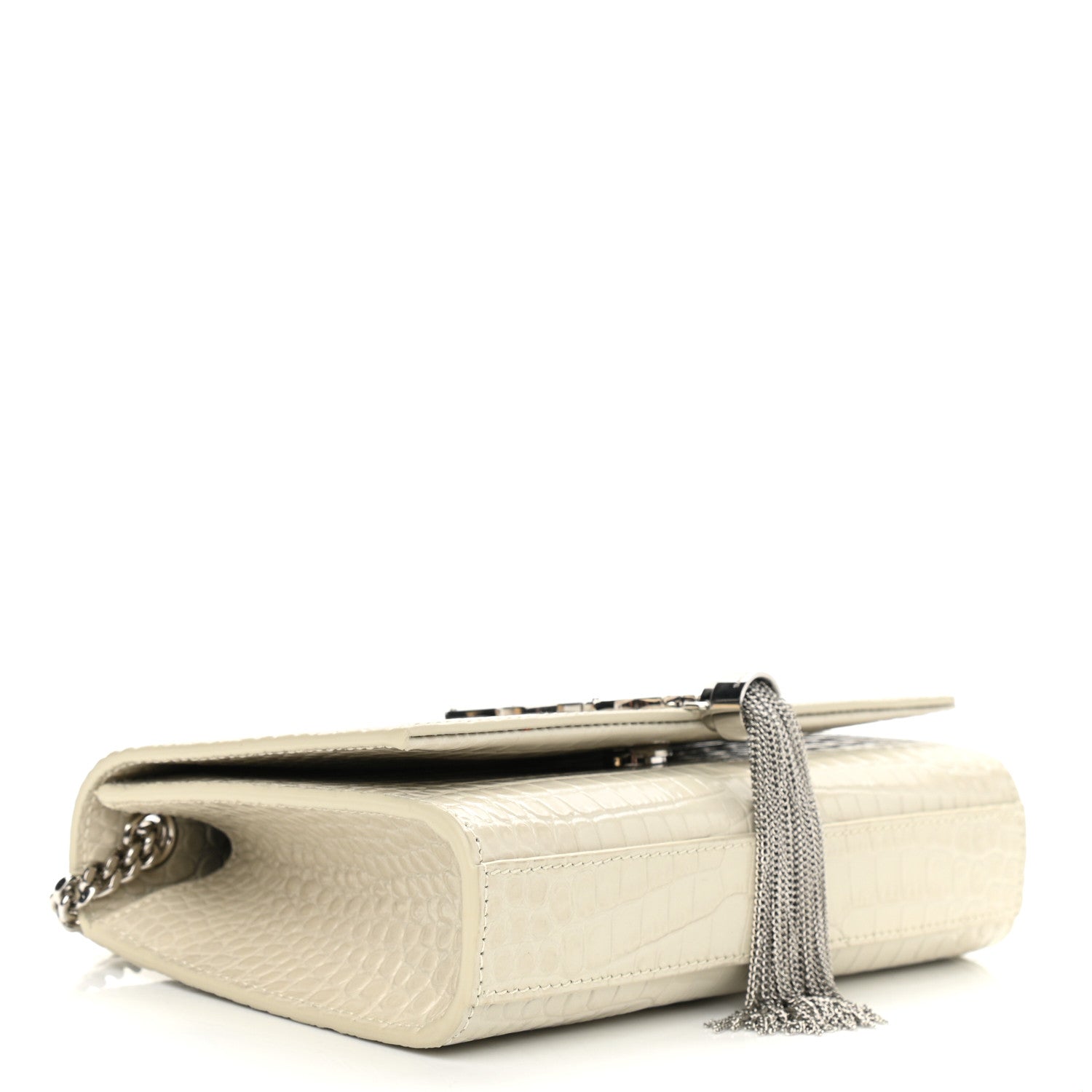 Saint Laurent Calfskin Crocodile Embossed Small Classic Monogram Kate Tassel Satchel Blanc Vintage 4 of 10