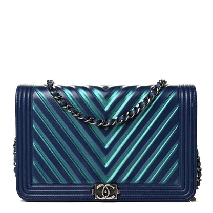 Chanel Calfskin Painted Chevron Embossed Boy Wallet On Chain WOC Navy 1 of 7