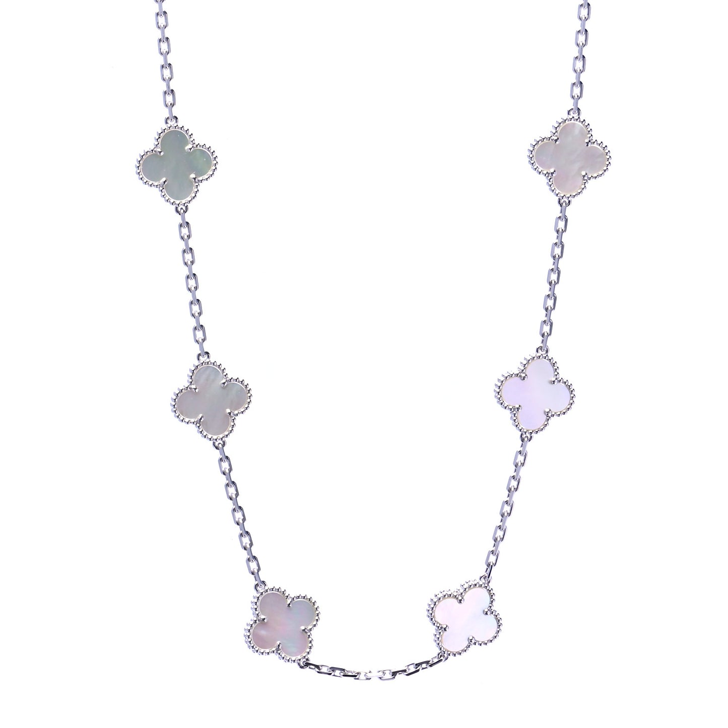 18K White Gold Mother of Pearl 20 Motifs Vintage Alhambra Necklace