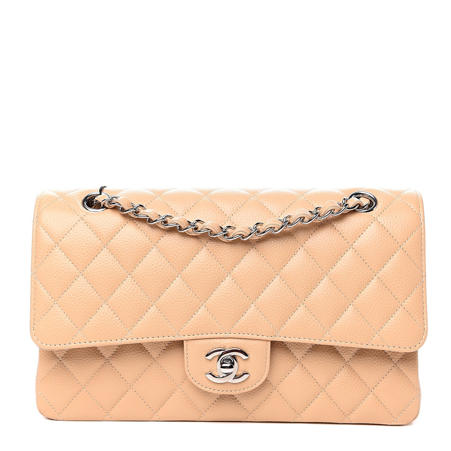 Caviar Quilted Medium Double Flap Beige