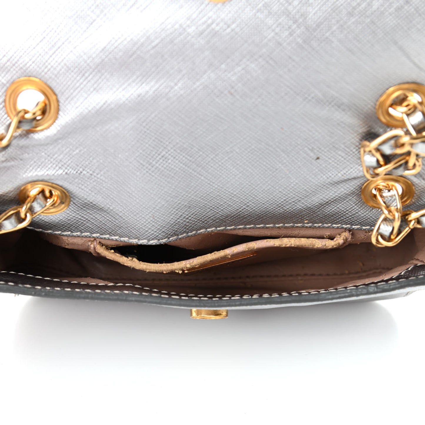 Saffiano Lux Chain Shoulder Bag Argento