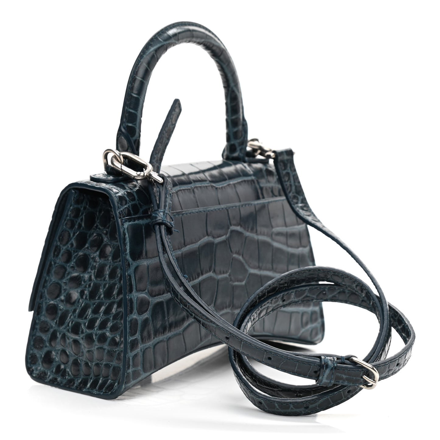 Shiny Calfskin Crocodile Embossed Hourglass Top Handle Bag XS Denim Blue