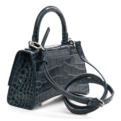Balenciaga Shiny Calfskin Crocodile Embossed Hourglass Top Handle Bag XS Denim Blue 3 of 10