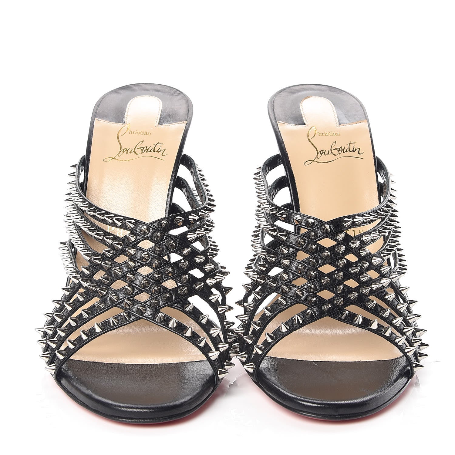 Christian Louboutin Kid Studded Marthaspike 100 Slide Sandals 39 Black Silver 2 of 9