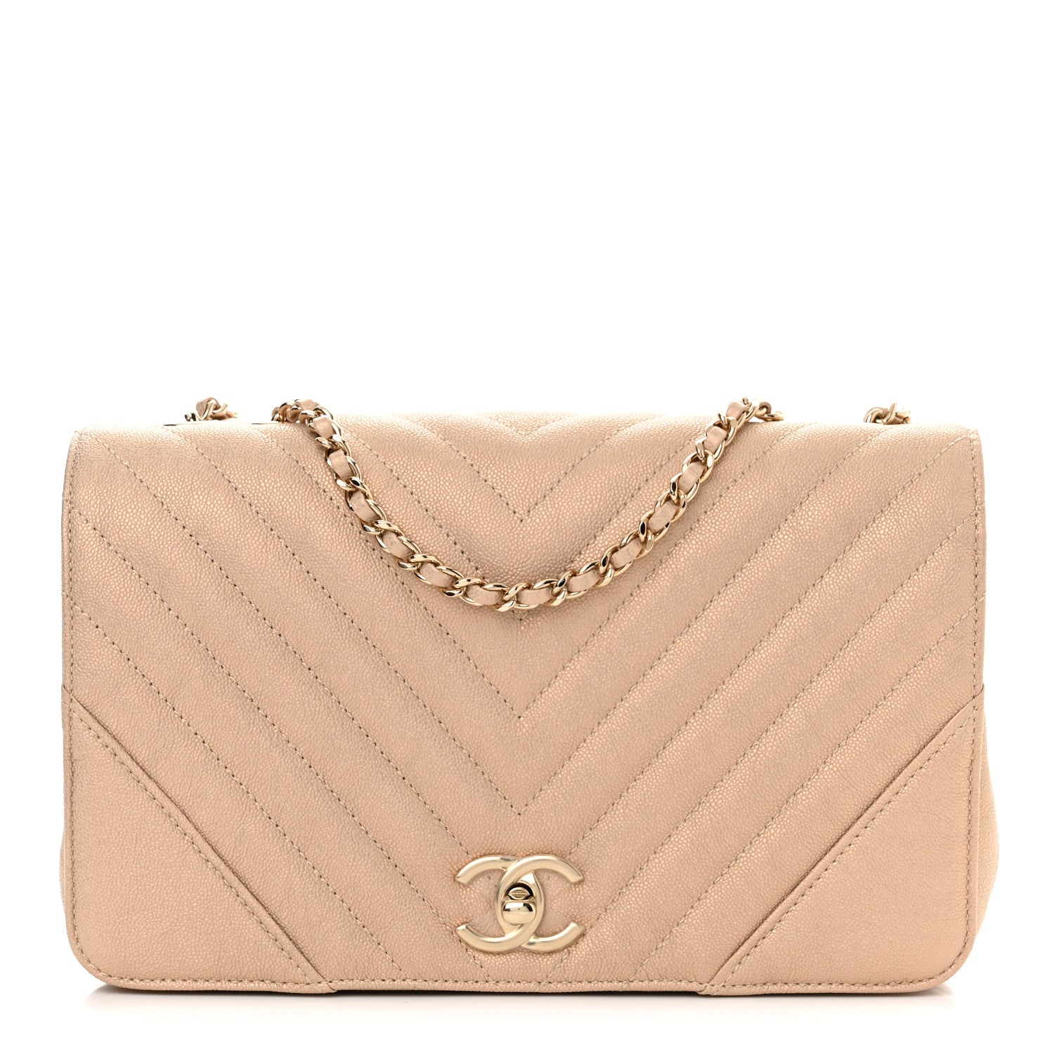 Chanel Metallic Caviar Chevron Quilted Medium Statement Flap Beige 1 of 10