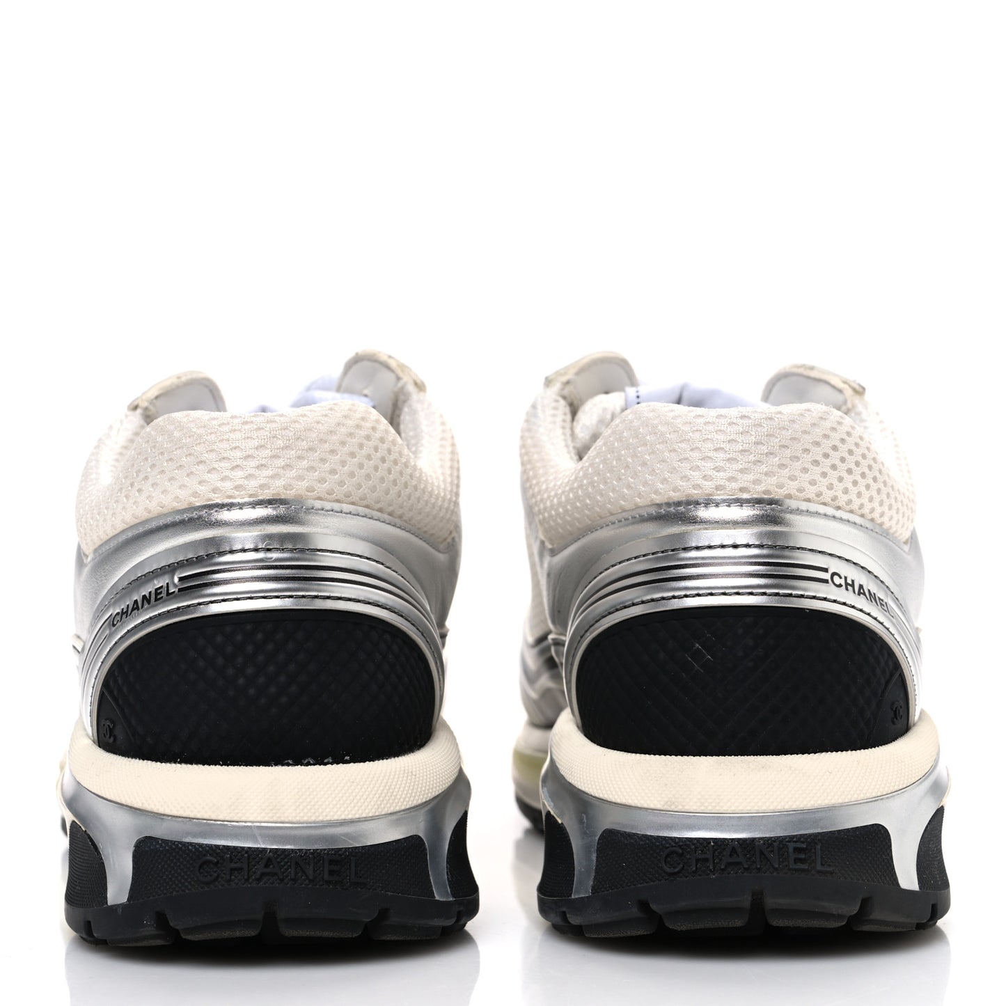 Fabric Laminated Calfskin Stretch CC Womens Sneakers 40 White Silver