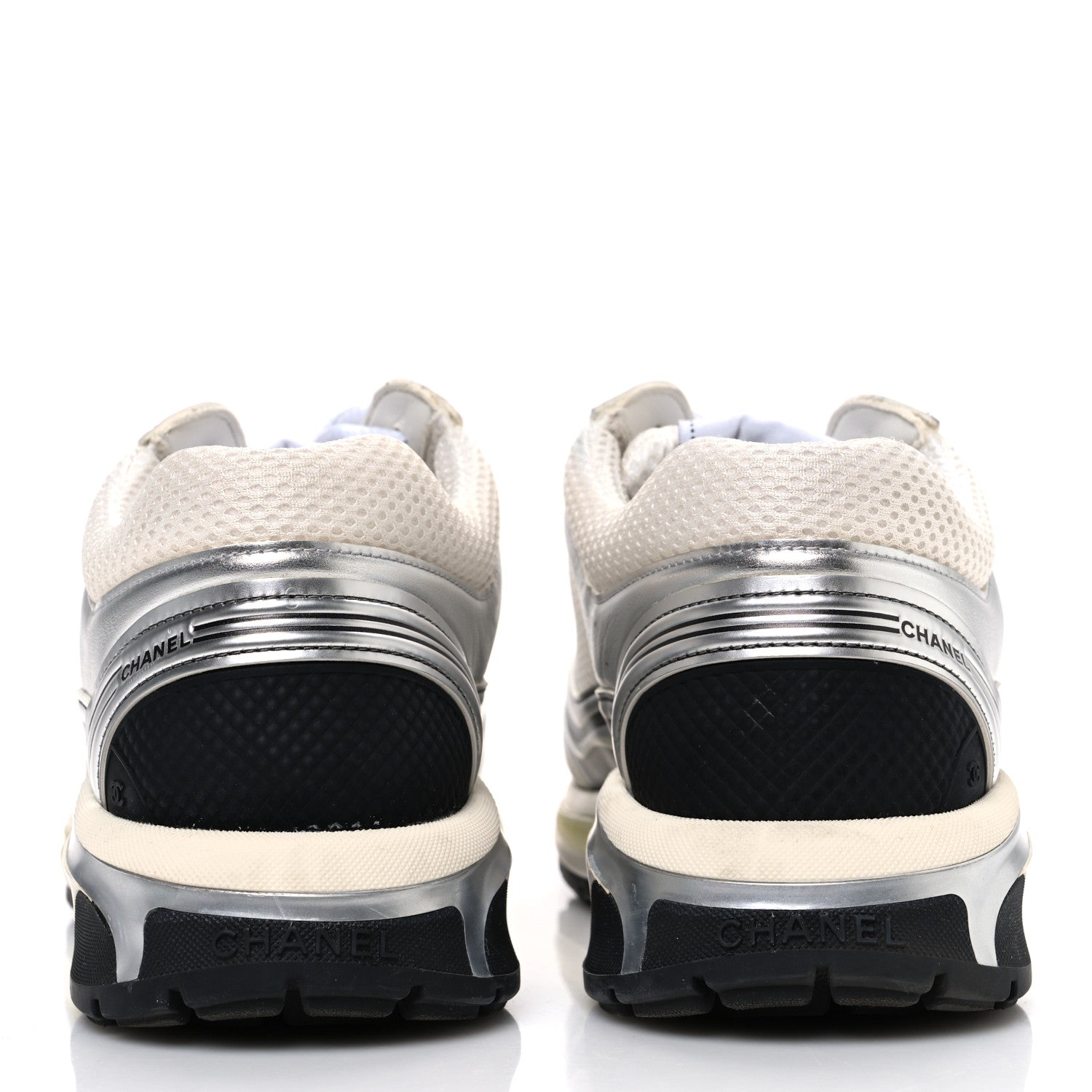 Chanel Fabric Laminated Calfskin Stretch CC Womens Sneakers 40 White Silver 6 of 11