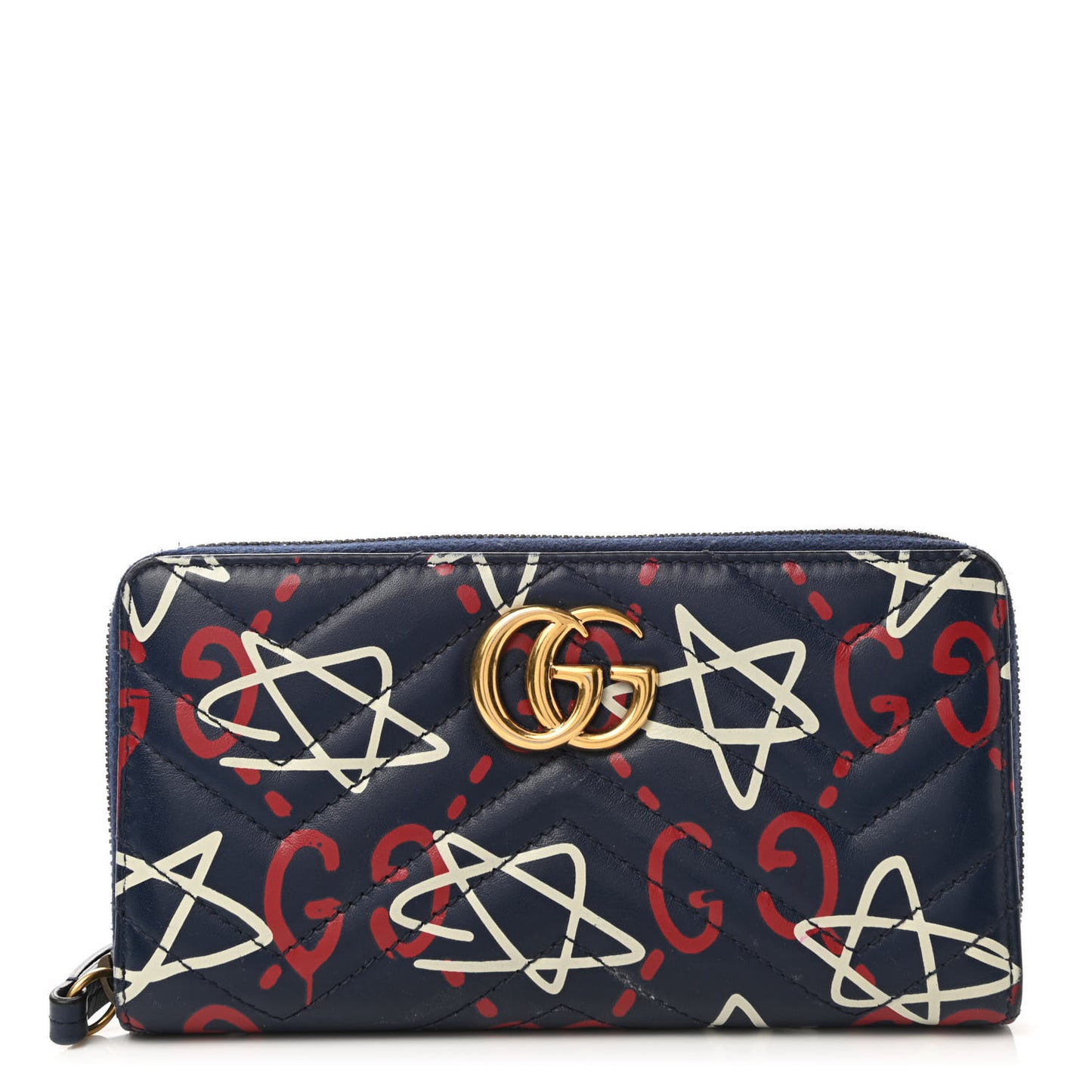 Calfskin Matelasse GucciGhost GG Marmont Zip Around Wallet Blue Agata Hibiscus Red