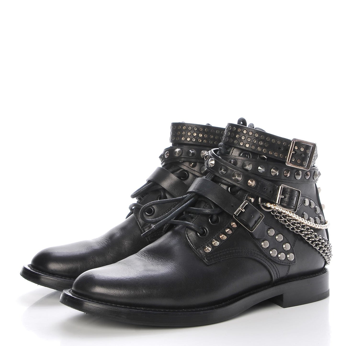Smooth Calfskin Studded Strap Ranger Boots 37.5 Black