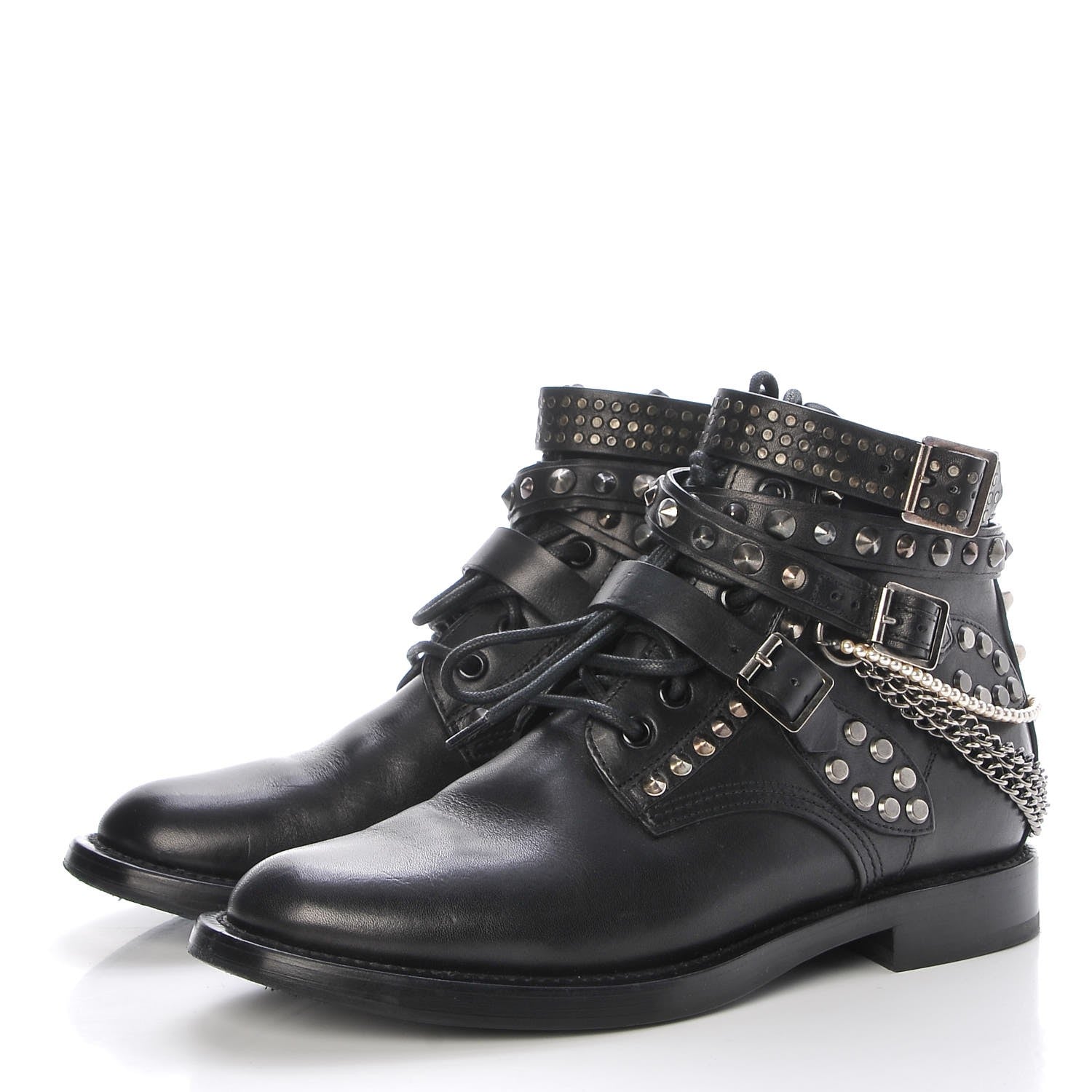 Saint Laurent Smooth Calfskin Studded Strap Ranger Boots 37.5 Black 3 of 16