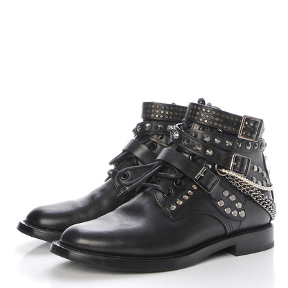 Saint Laurent Smooth Calfskin Studded Strap Ranger Boots 37.5 Black 3 of 16