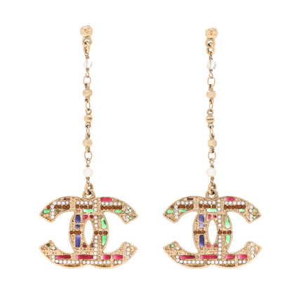 Chanel Pearl Crystal CC Tweed Drop Earrings Gold Brown Green 1 of 4