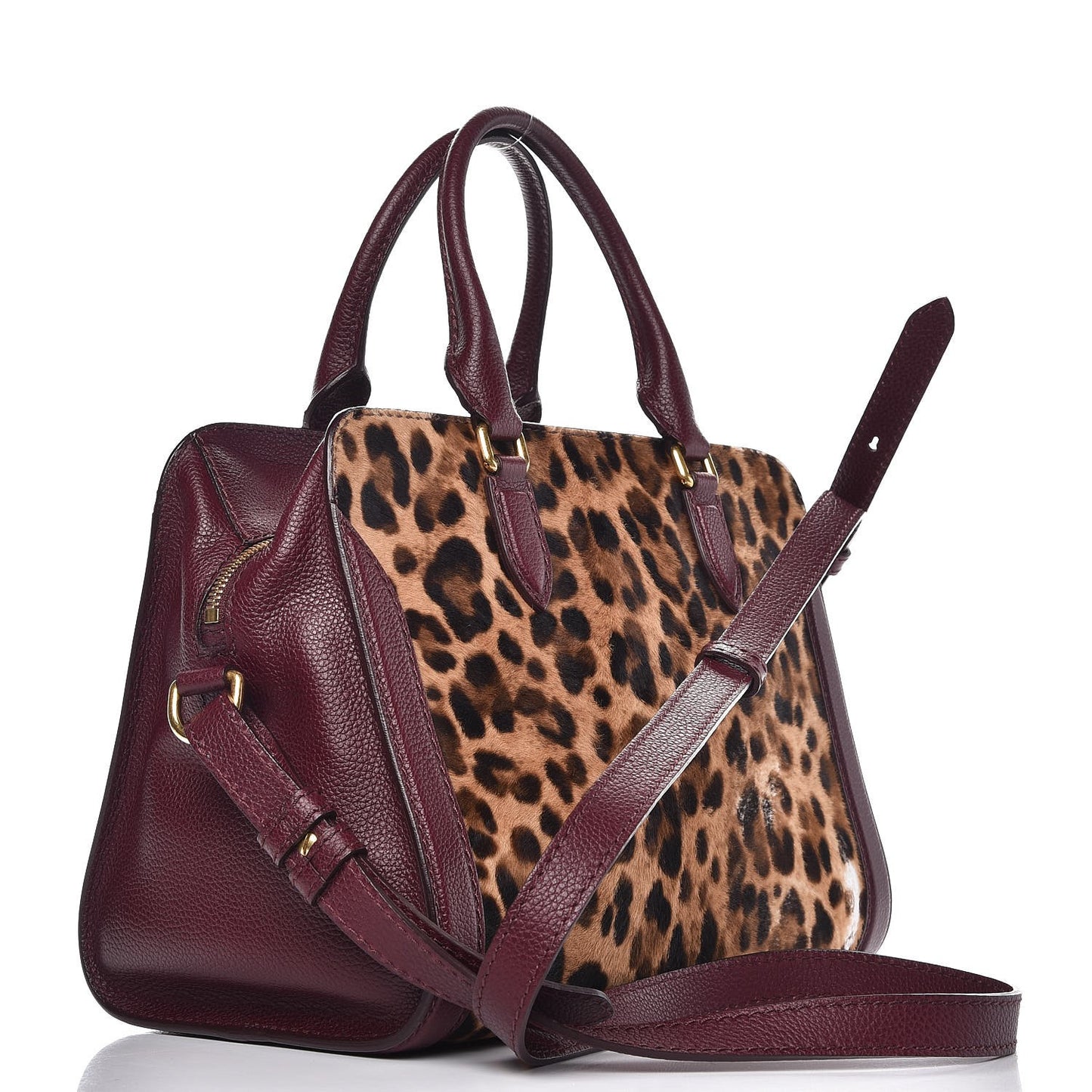 Leopard Print Pony Hair Pebbled Calfskin Small Skull Padlock Zip Around Tote Bordeaux