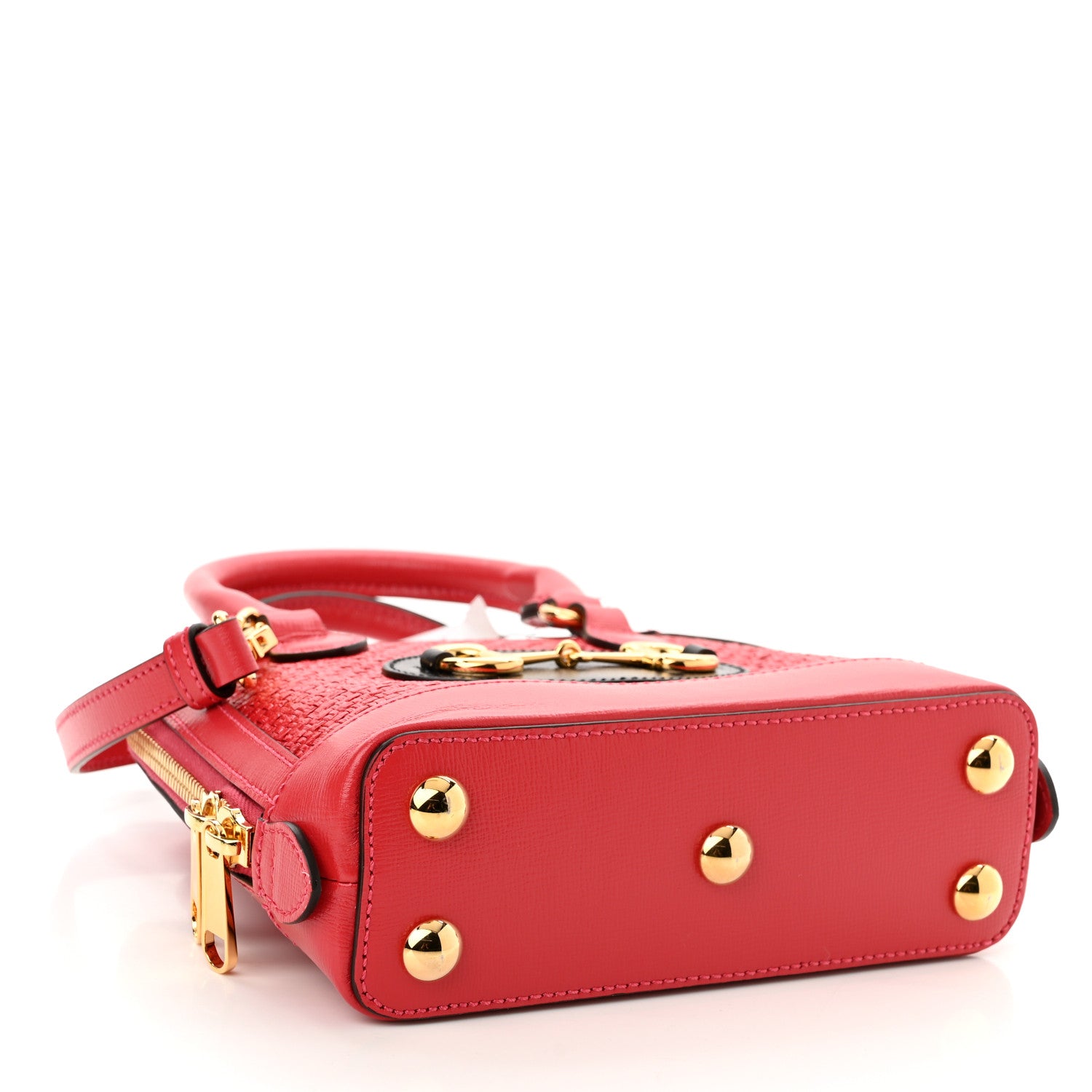 Gucci Straw Azalea Calfskin Woven Mini Horsebit 1955 Top Handle Bag Coral Wave Black 4 of 10