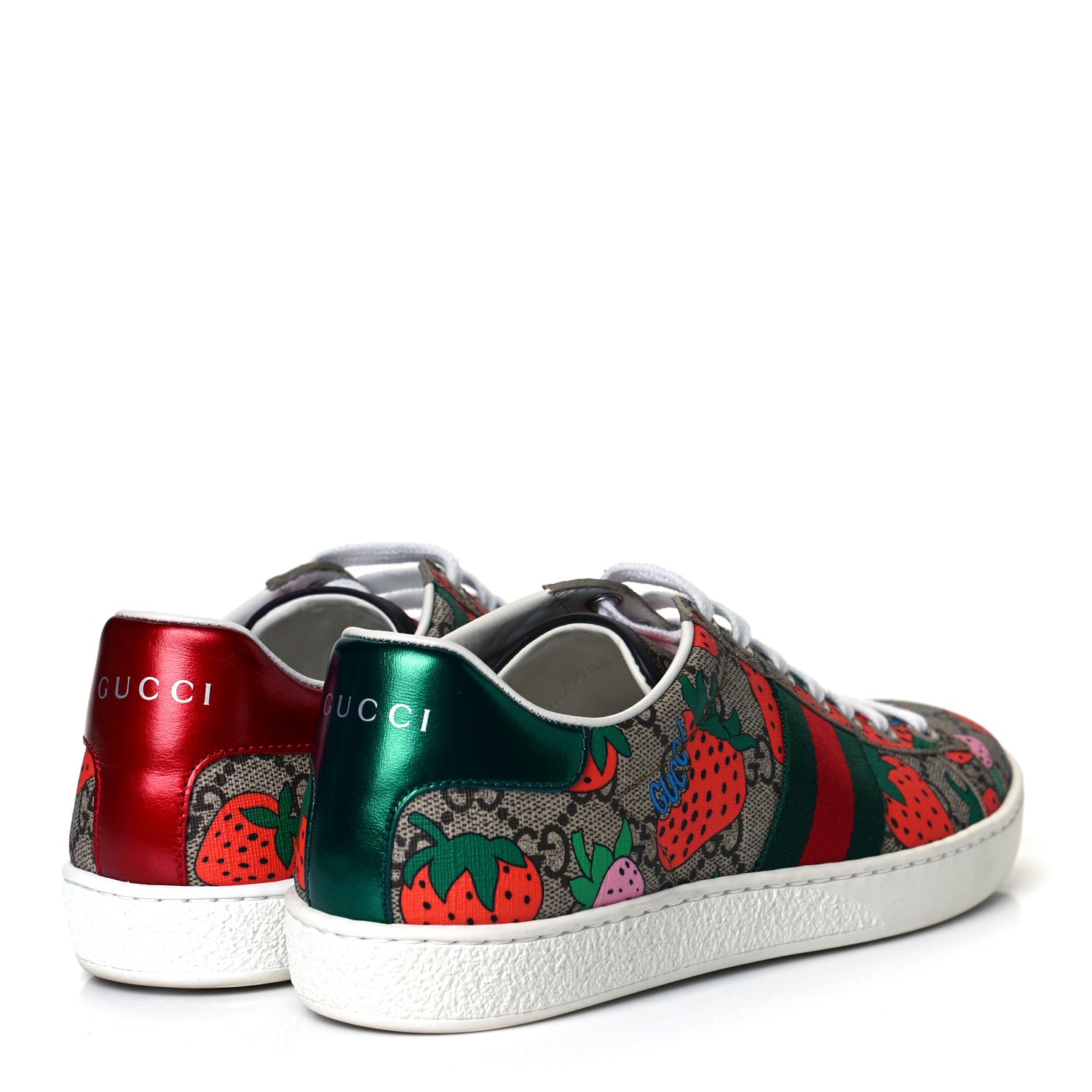 Gucci GG Supreme Monogram Strawberry Web Womens Ace Sneakers 36.5 Beige Multicolor Red Green 4 of 8