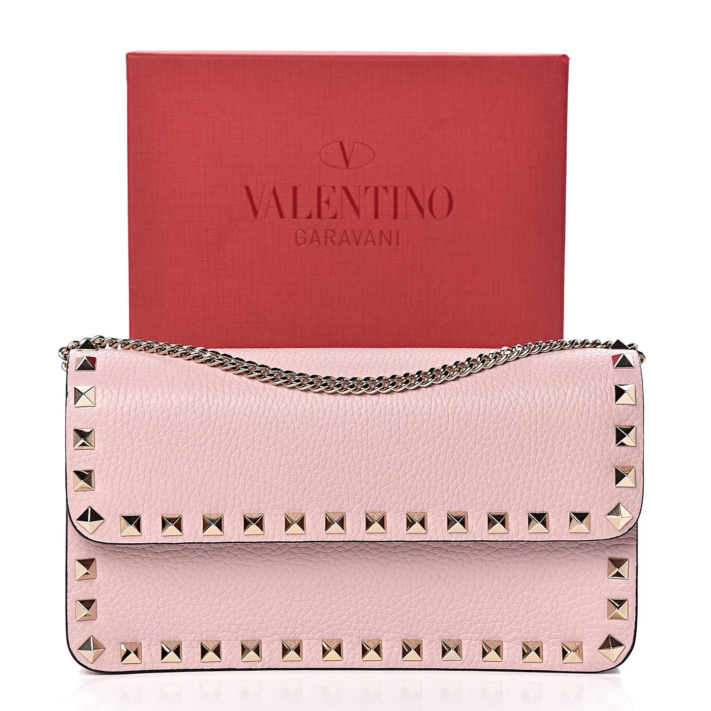 Pebbled Calfskin Rockstud Flap Wallet On Chain Poudre