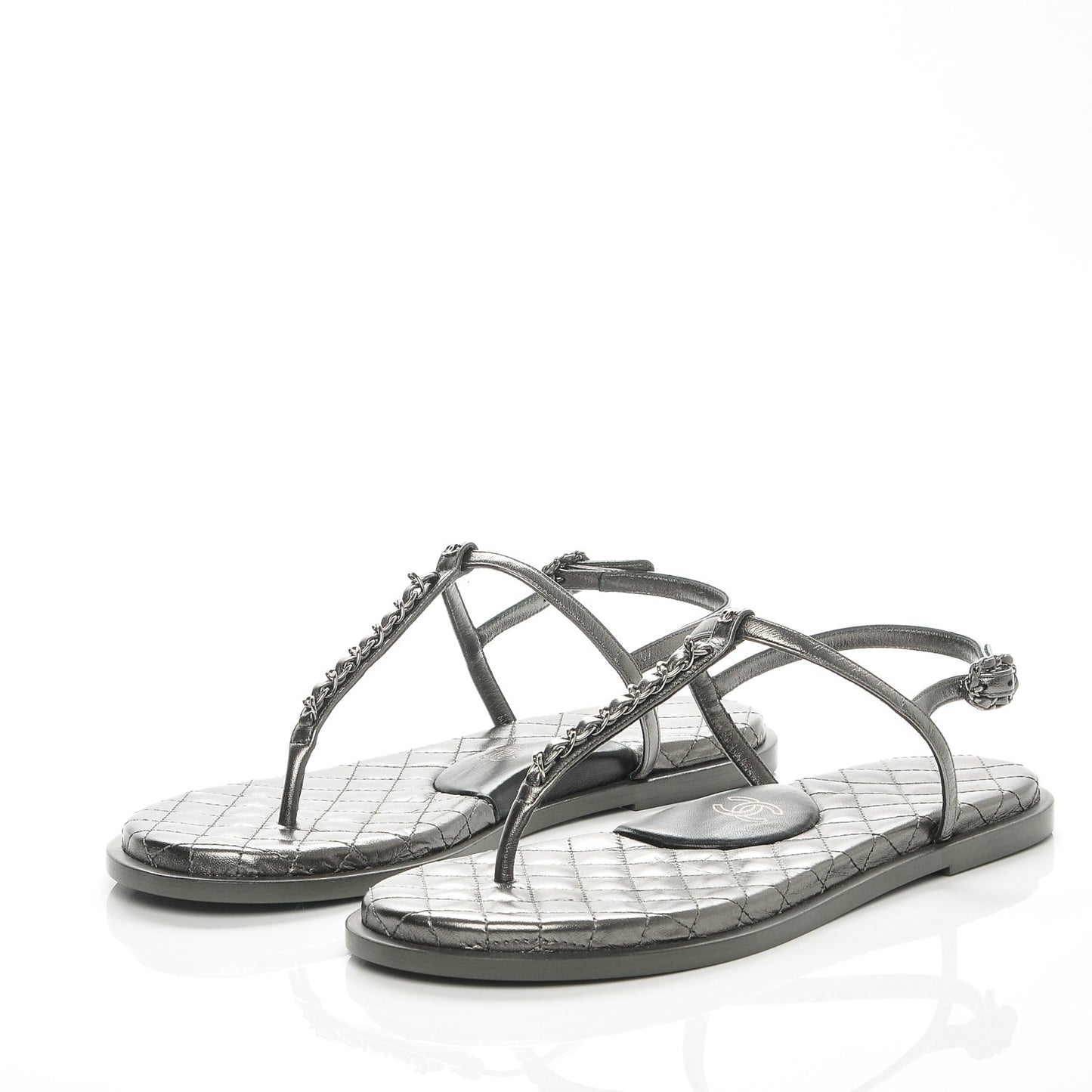 Iridescent Lambskin Chain Thong Sandals 41 Dark Silver