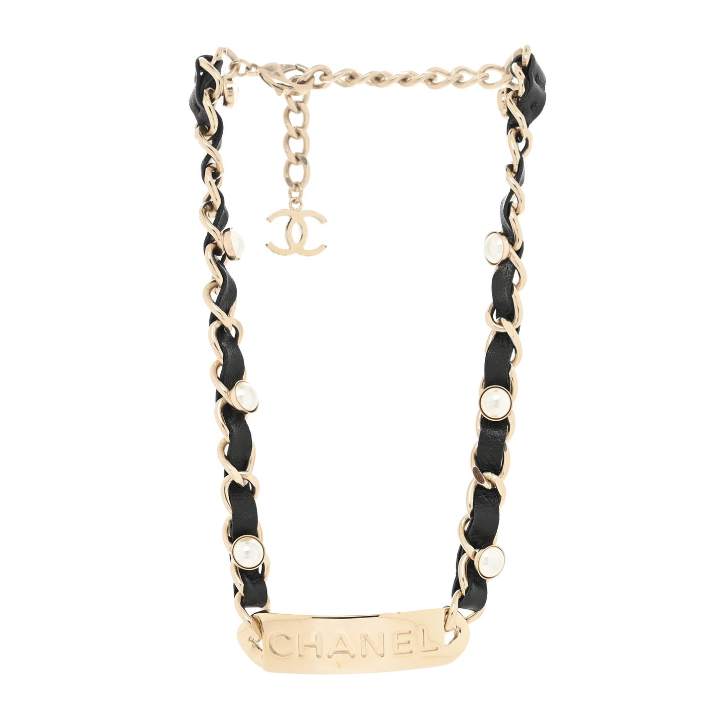 Metal Lambskin Pearl Name Plate Choker Necklace Black Gold