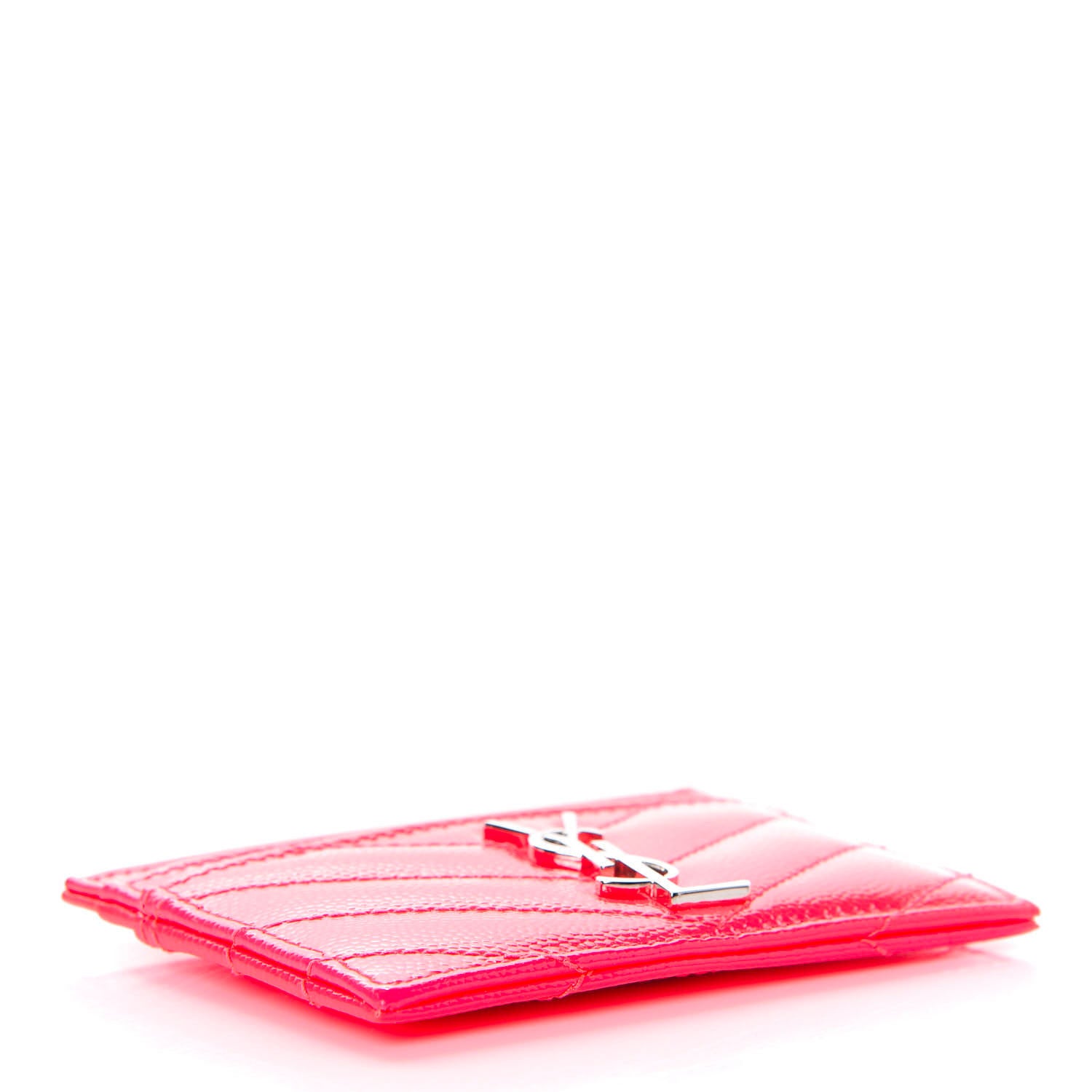 Saint Laurent Grain De Poudre Matelasse Chevron Monogram Credit Card Case Neon Pink 4 of 8