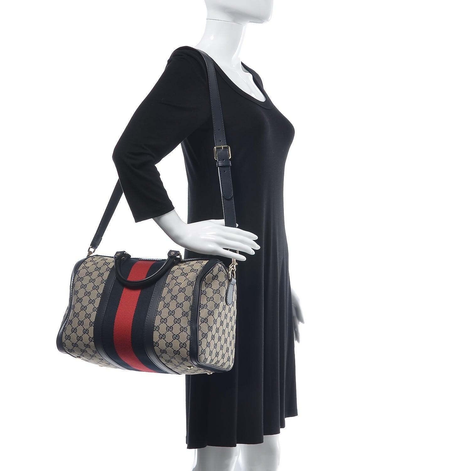 Gucci Monogram Selleria Calfskin Vintage Web Medium Boston Beige Blue 3 of 11