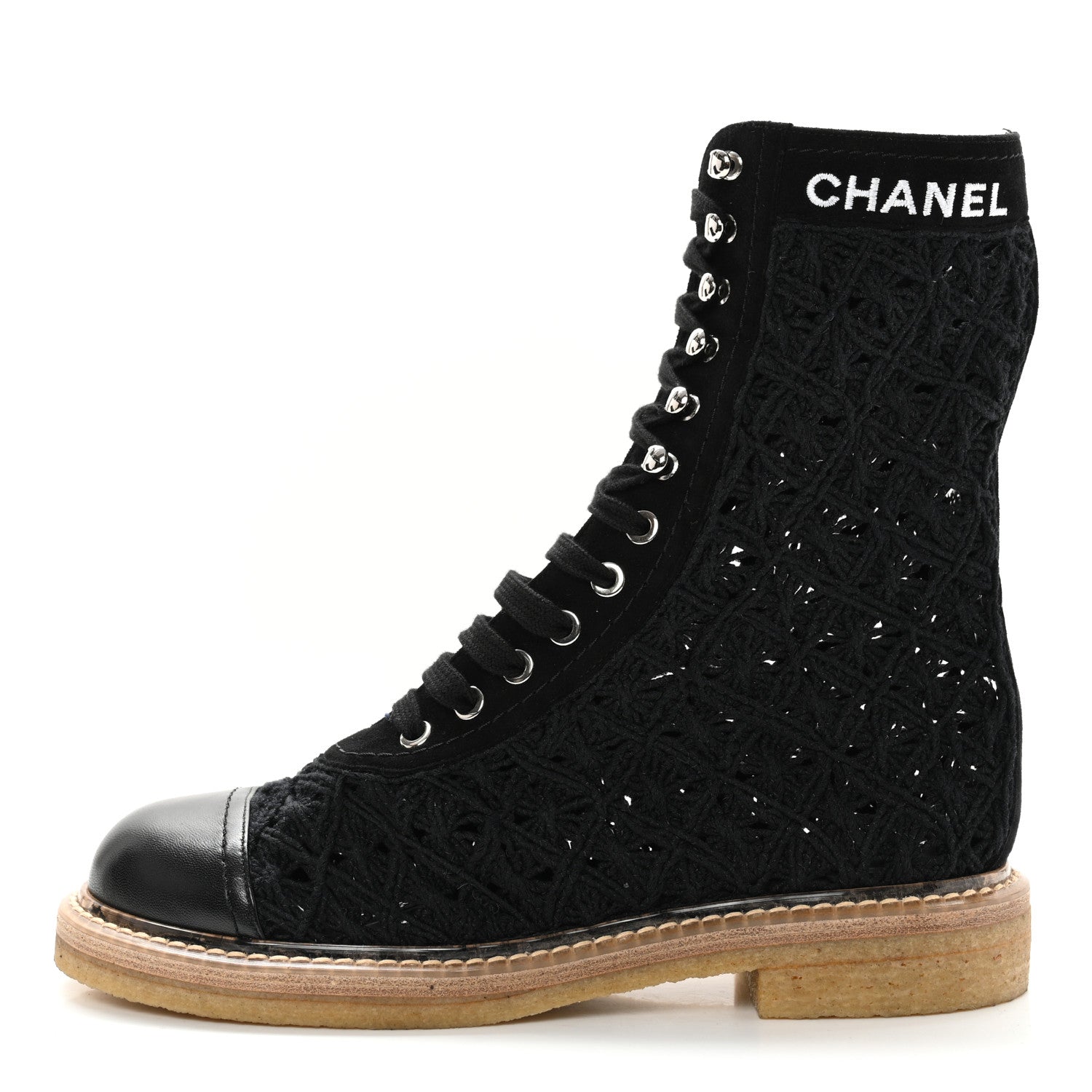 Chanel Crochet Calfskin Lace Up Boots 37 Black 1 of 9