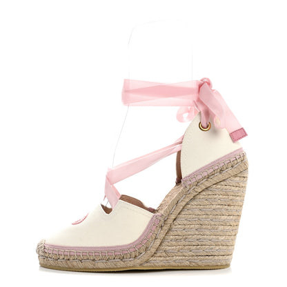 Gucci Canvas Grossgrain Embroidered Judit Ankle Wrap Platform 35/120mm Espadrille Wedges 40.5 White Shell 1 of 10