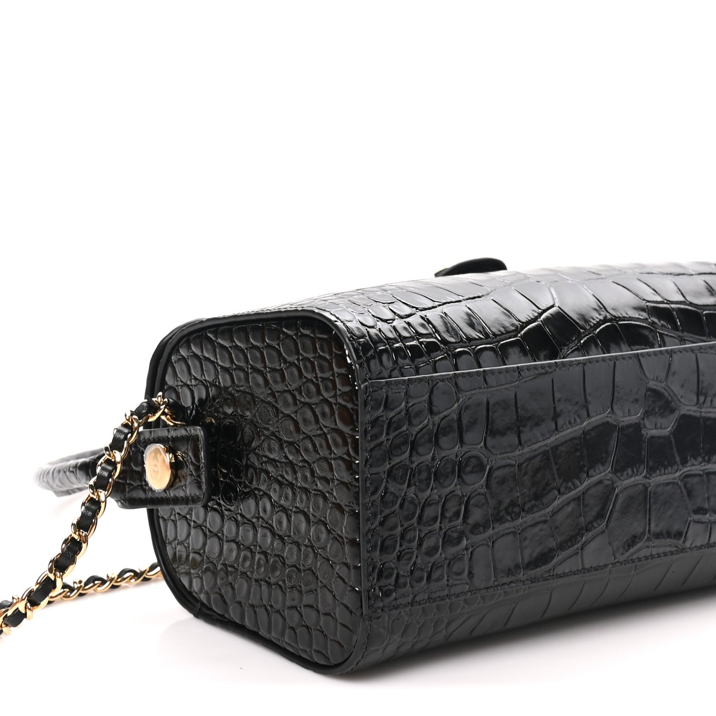 Calfskin Crocodile Embossed Turn Around Clutch With Chain Black