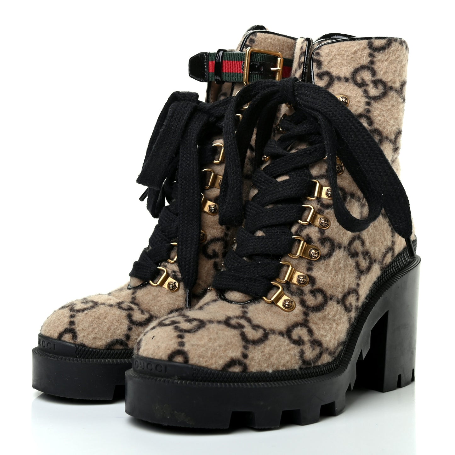 Covered Wool GG Monogram Womens Lace Up Combat Ankle Boots 37.5 Beige Ebony Black