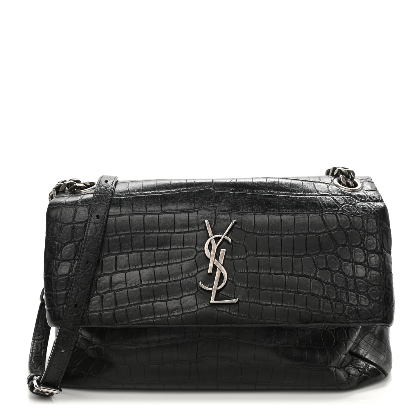 Calfskin Crocodile Embossed Medium West Hollywood Monogram Fold-Over Black