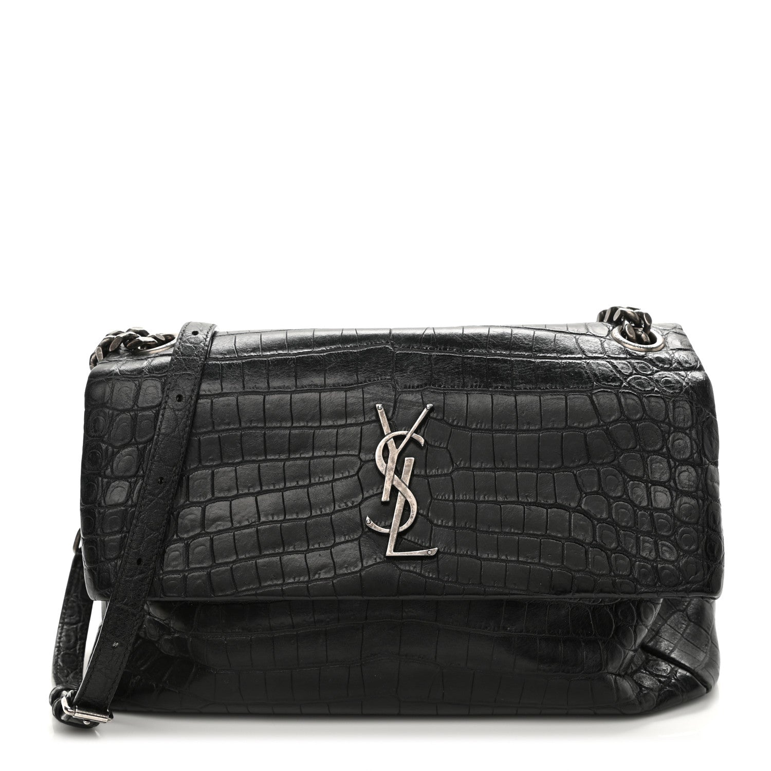 Saint Laurent Calfskin Crocodile Embossed Medium West Hollywood Monogram Fold-Over Black 2 of 23
