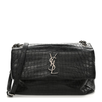 Saint Laurent Calfskin Crocodile Embossed Medium West Hollywood Monogram Fold-Over Black 2 of 23