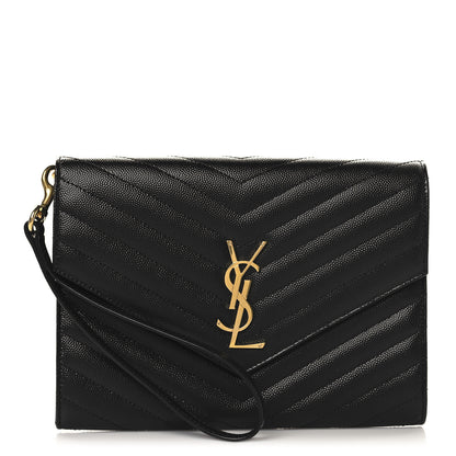 Saint Laurent Grain De Poudre Matelasse Chevron Monogram Envelope Clutch Black 1 of 7