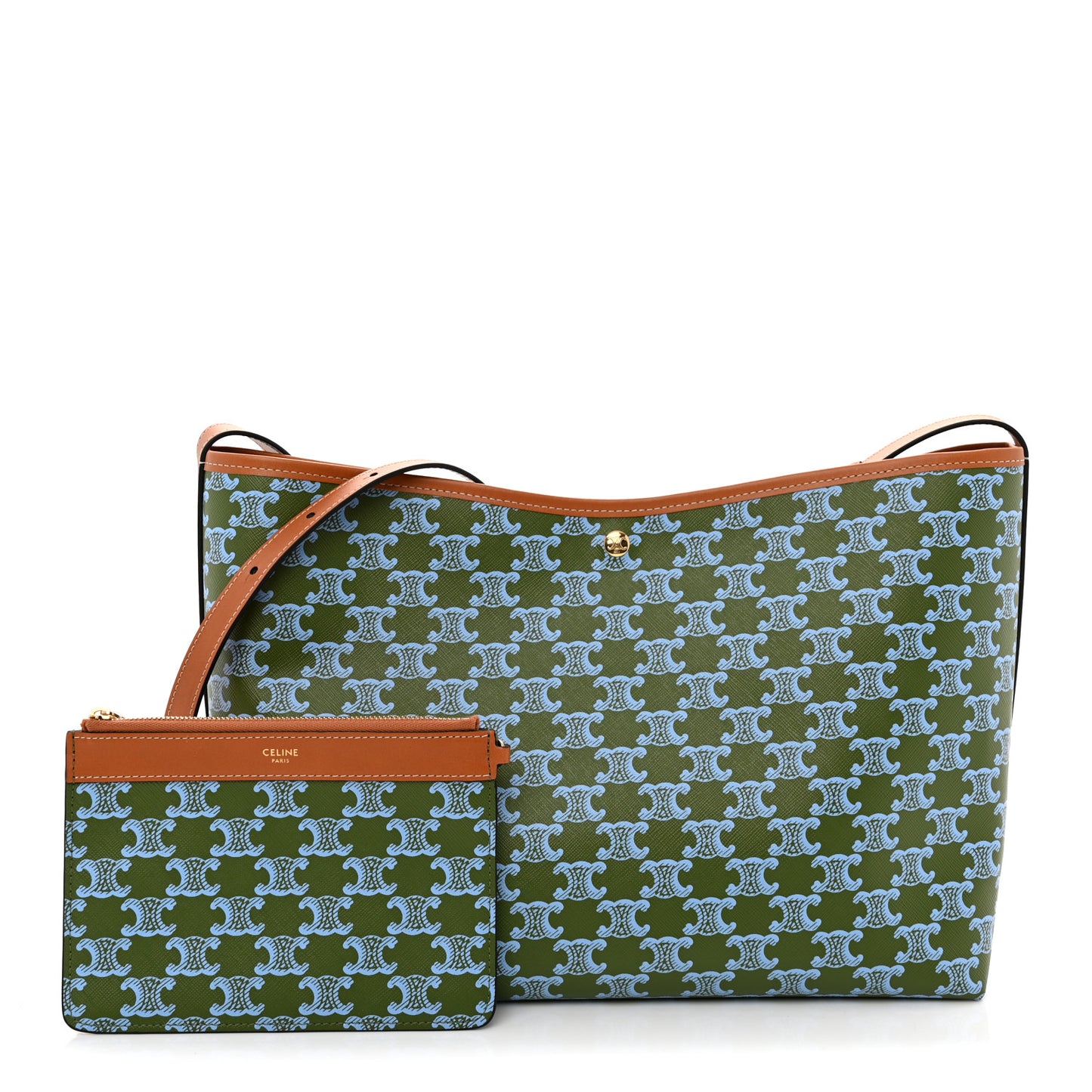 Triomphe Canvas Calfskin Soft Shopper Tote Light Kaki Sky Blue