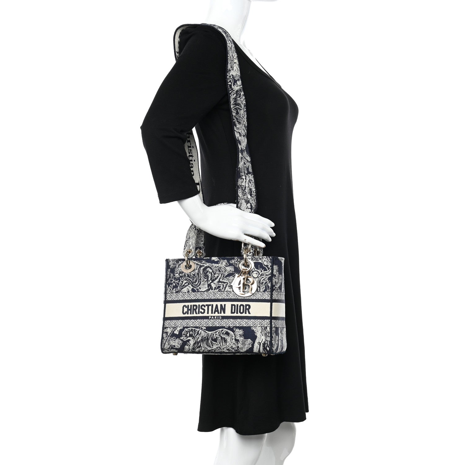 Christian Dior Canvas Toile De Jouy Reverse Embroidered Medium Lady D-Lite Navy 2 of 9