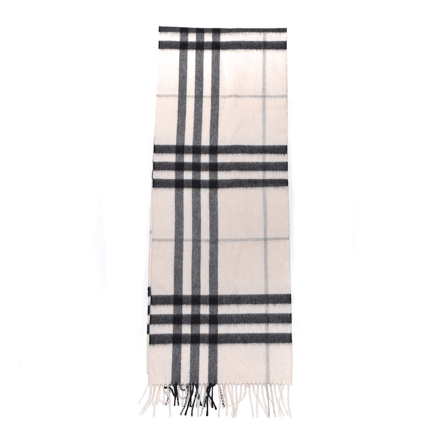 Cashmere Giant Check Fringe Scarf Natural White