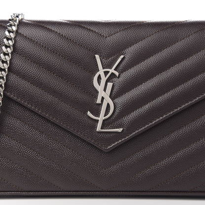 Saint Laurent Grain De Poudre Matelasse Chevron Monogram Chain Wallet Dark Brown 9 of 10
