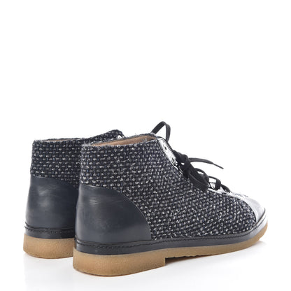 Chanel Tweed Calfskin Patent CC Lace Up Short Boots 41 Black Grey Dark Navy 4 of 17