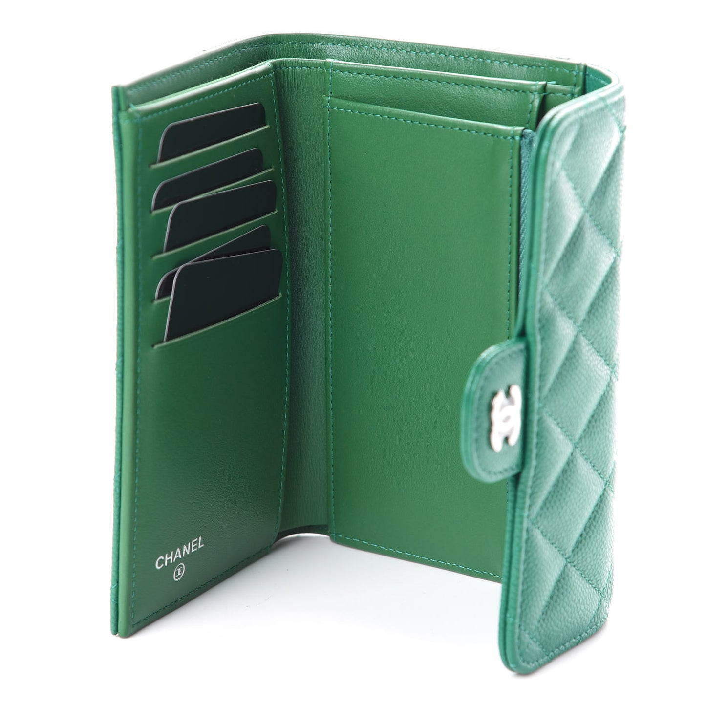 Metallic Caviar Quilted Medium Flap Wallet Green