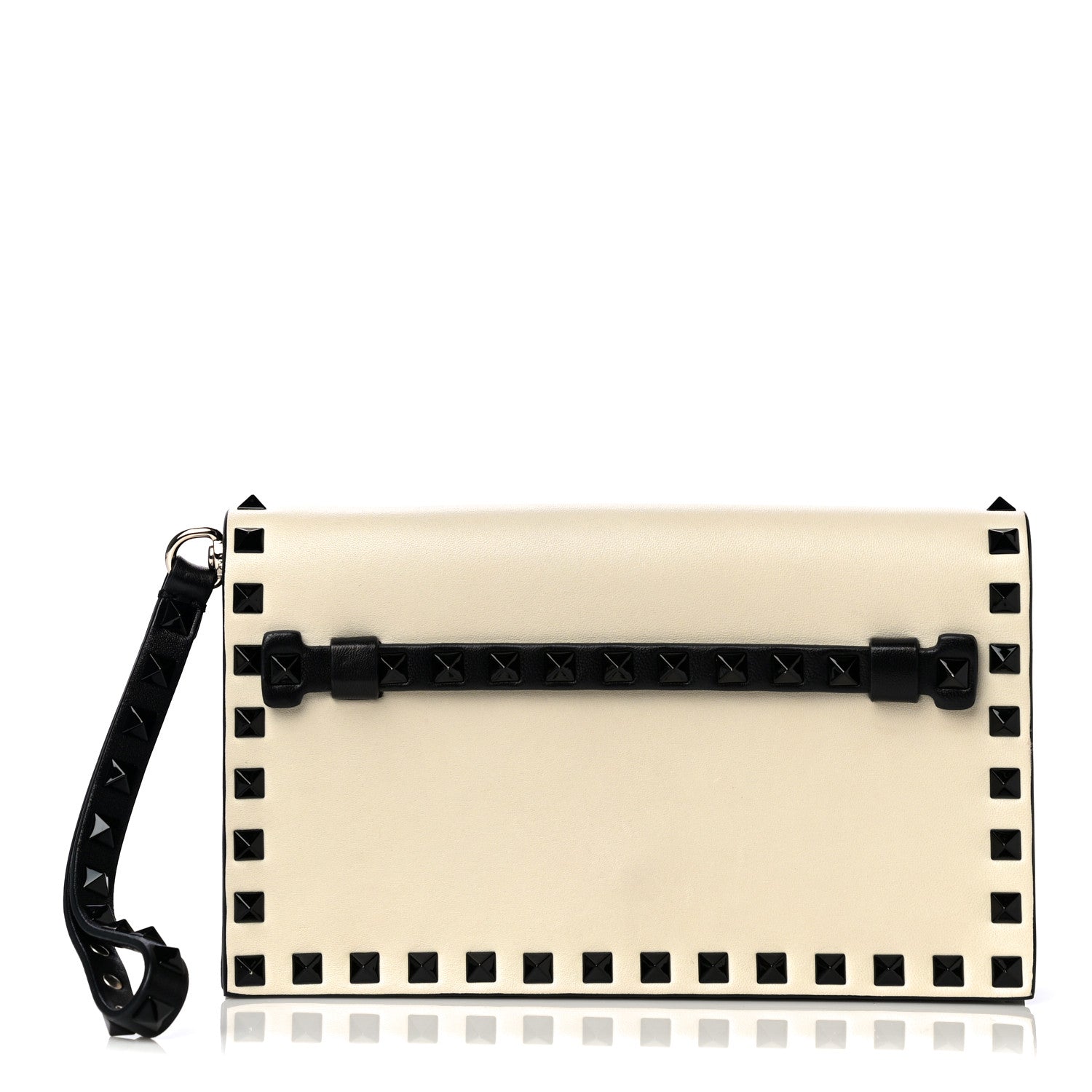 Valentino Garavani Nappa Small Rockstud Wristlet Clutch Light Ivory Black 1 of 10