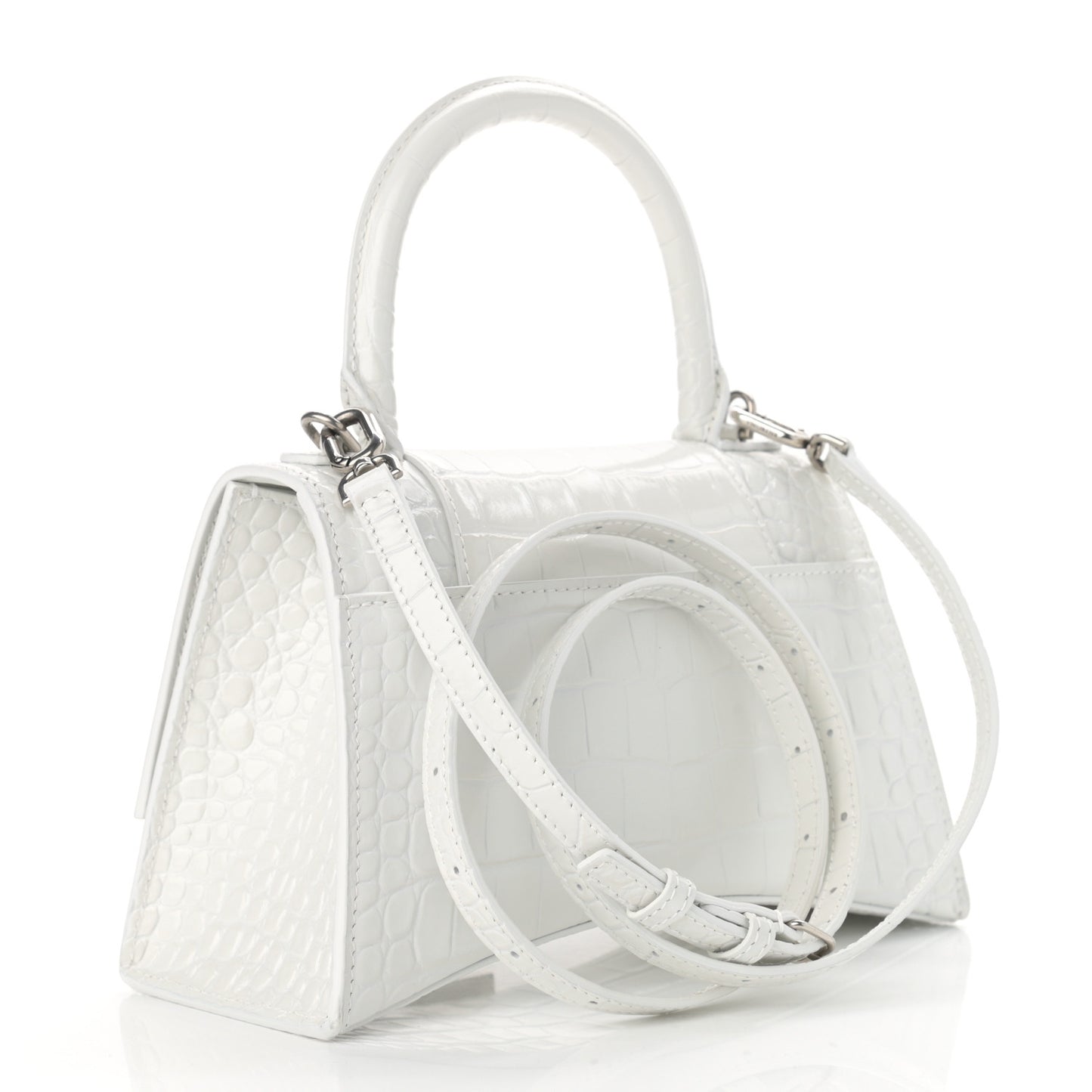 Calfskin Crocodile Embossed Small Hourglass Top Handle Bag White