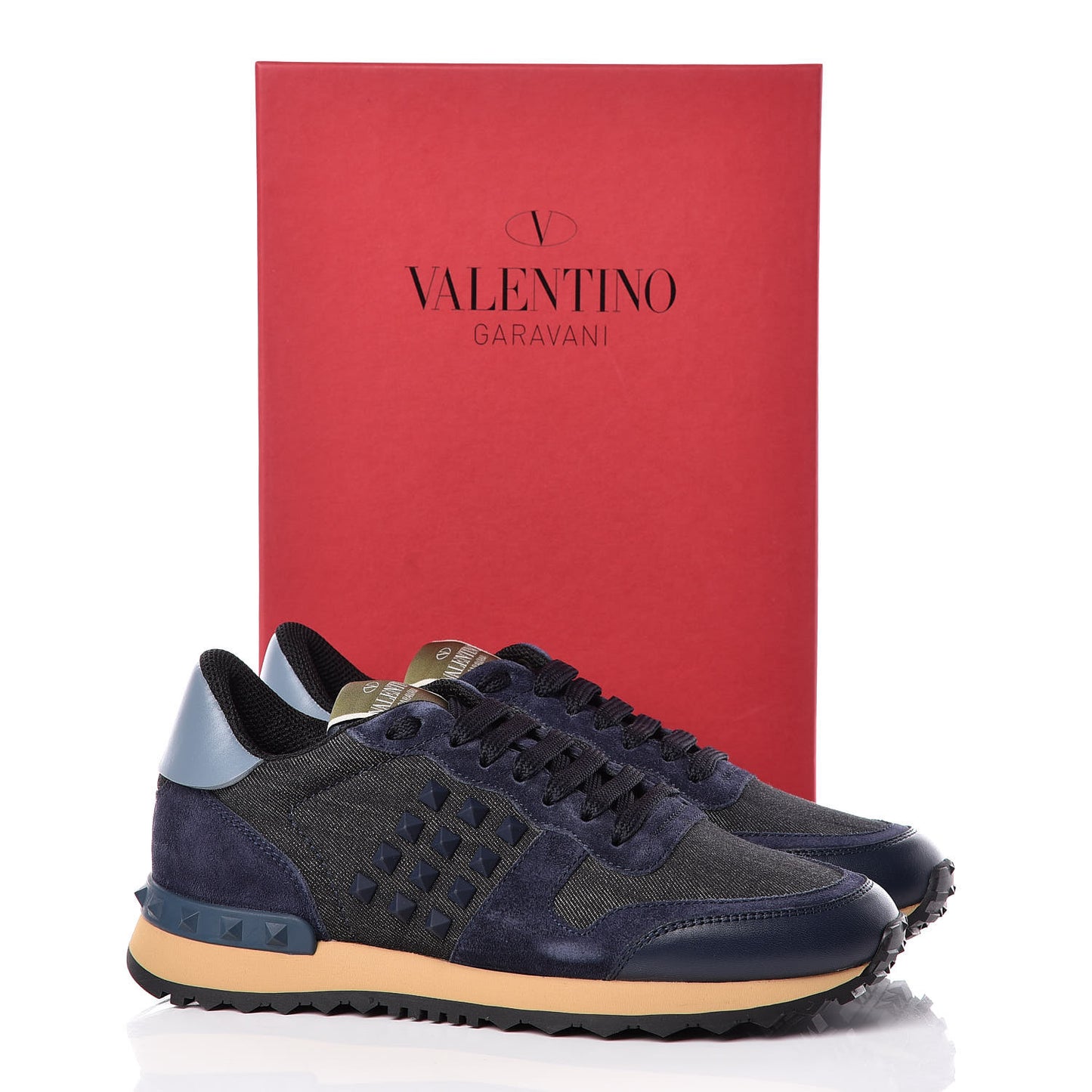 Denim Calfskin Suede Rockstud Sneakers 36 Deep Denim