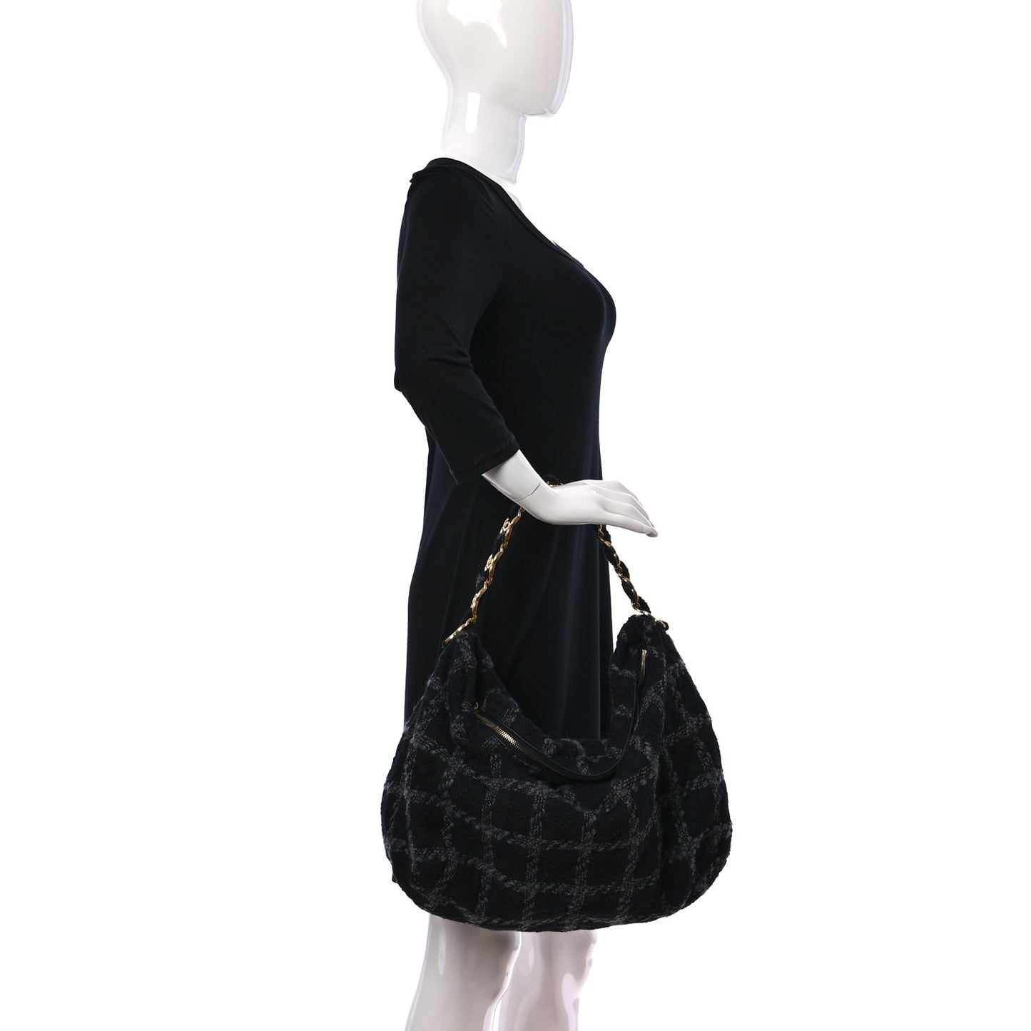 Tweed Maxi Chain Hobo Black Gray