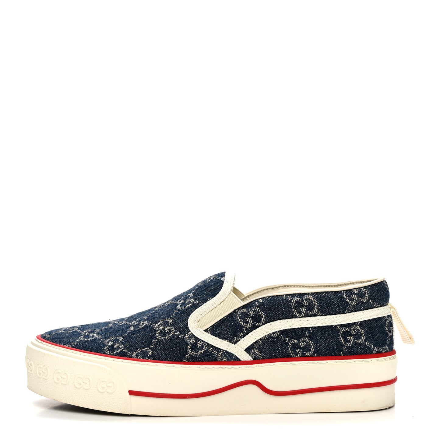 New Denim GG Monogram Womens 1977 Tennis Slip On 30mm Sneakers 37.5 Blue Tea Mystic White