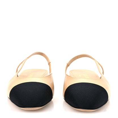 Chanel Goatskin Grosgrain Cap Toe CC Slingback Sandals 37 Beige Black 3 of 10
