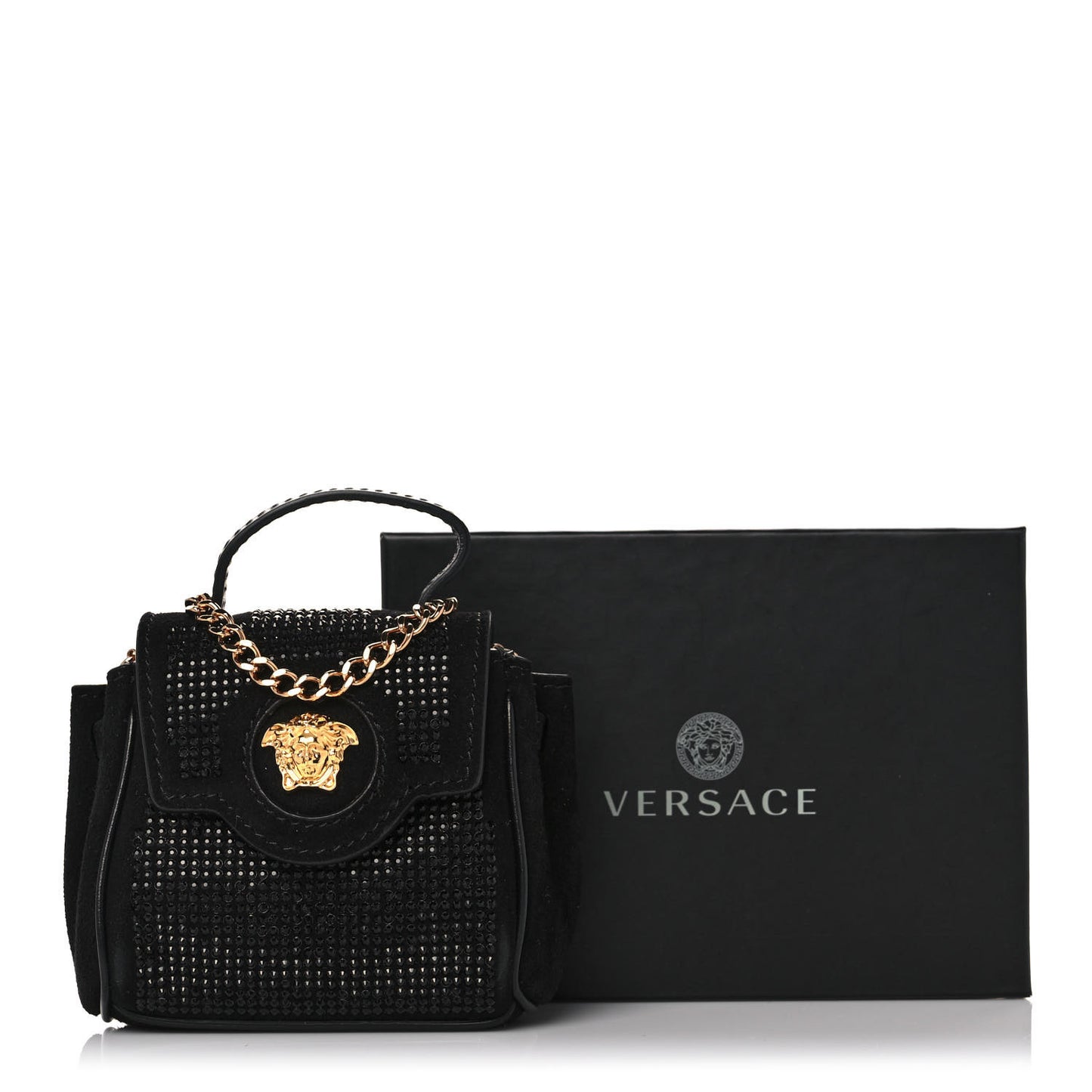 Suede Crystal Studded Micro La Medusa Bag Black