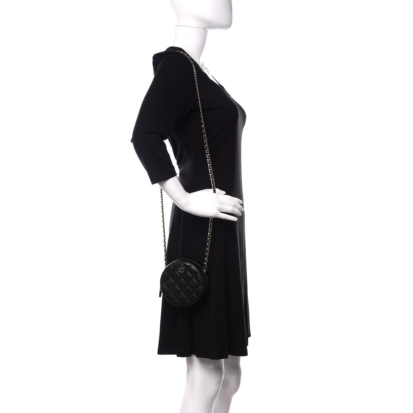 Caviar Quilted Round Clutch With Chain Black
